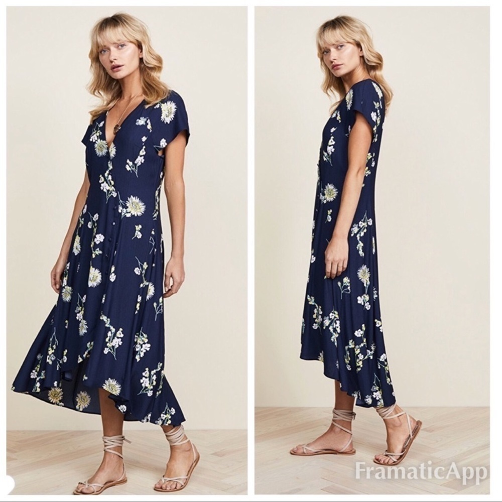 FREE PEOPLE Blue Floral V-Neck Short Sleeve Button Front Midi Dress Large - Picture 5 of 14
